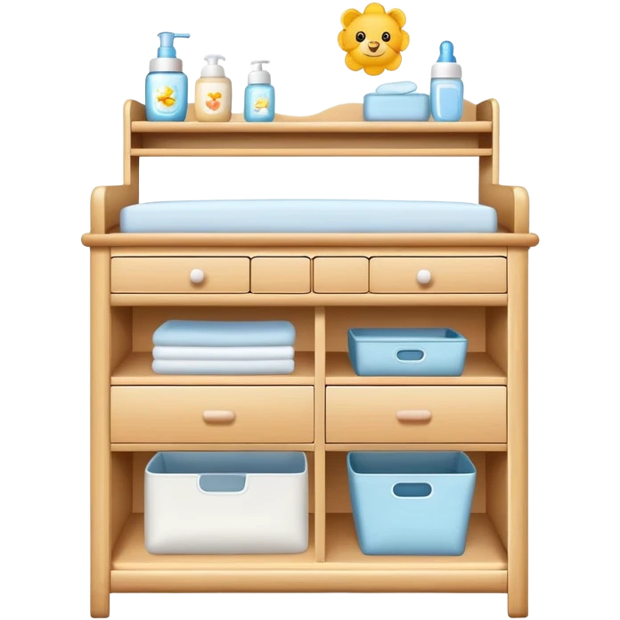 baby changing table set with drawers, shelves, changing pad, and baby care accessories emoji