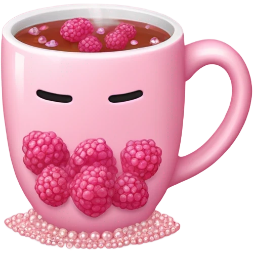 soft pink mug filled with steaming hot raspberry tea, decorated with blush pink pearl and sparkly embellishments (aesthetic, cute) emoji