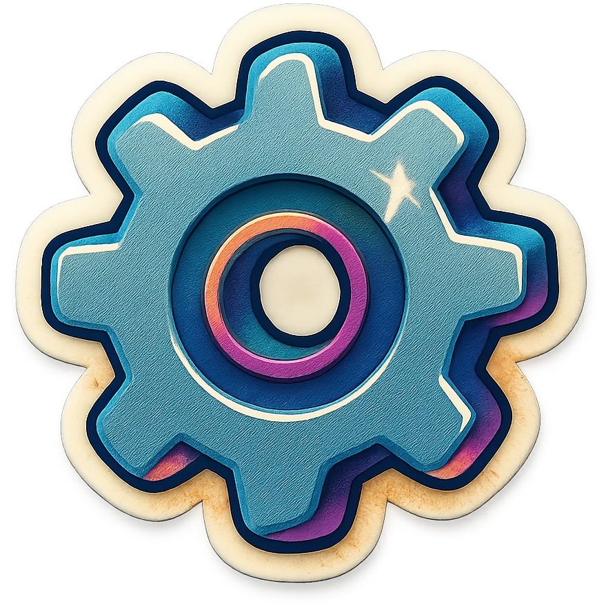 A gray gear mechanism sticker with a vintage design and bright colors emoji