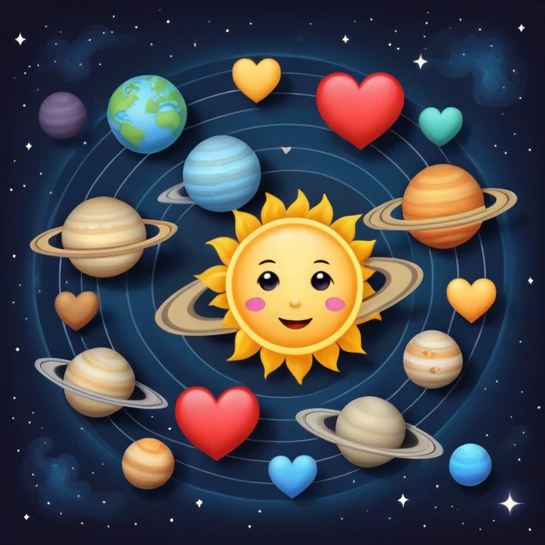 Solar system with heart-shaped planets orbiting a sun, colorful planets in the shape of hearts emoji