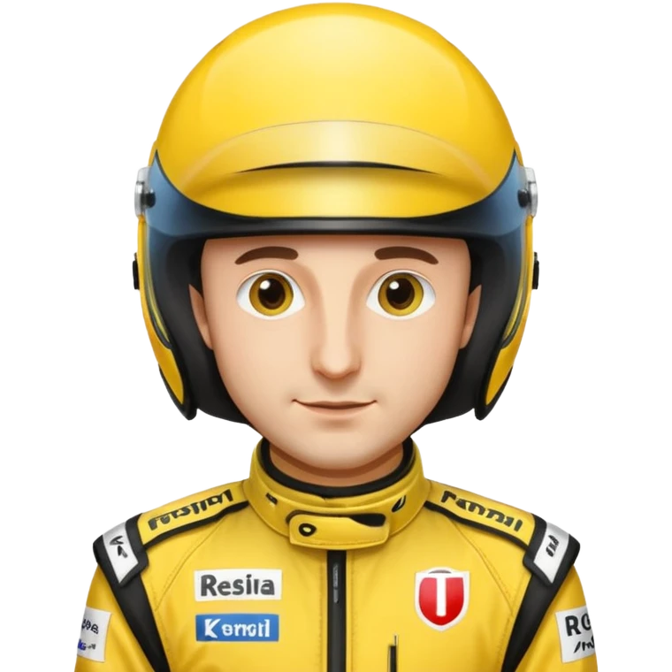 Robert Kubica wearing a yellow racing driver suit, no helmet, Apple emoji style emoji
