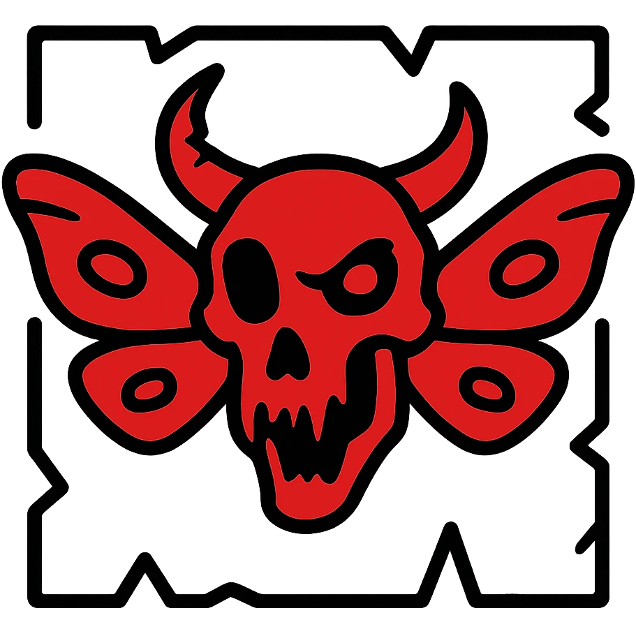 extremely terrifying minimalist red line art of nightmarish minotaur-stoat skull with jagged broken horn and disturbing malevolent eye, twisted moth wings, hollow transparent middle, unsettling outline frame with sharp edges, deeply unsettling asymmetrical features, subtle suggestion of gore, menacing minimal design, weathered and broken frame, 100% red emoji