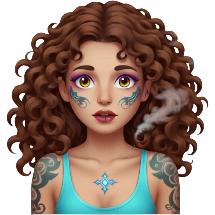 woman with long curly brown hair, brown eyes, white skin, tattoos, neon fog coming from her breath emoji