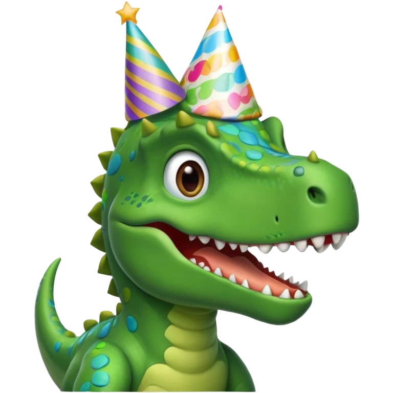 A Dinasour wearing a birthday hat emoji