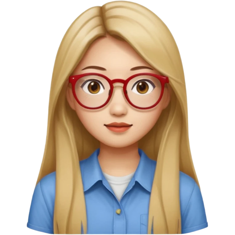 20 yr old asian woman, straight thick long brown hair, blond at tips of dark brown hair, center part to hair, big red glasses, brown eyes, casual shirt emoji