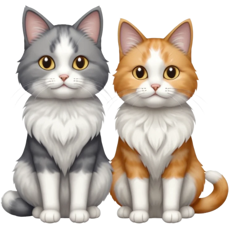 a realistic looking very fluffy grey and white cat with grey legs and white paws, sitting next to another cat emoji