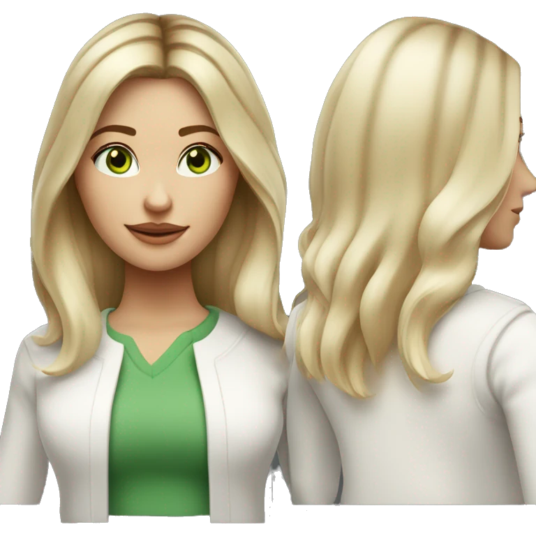 blonde balayage hair woman, shoulder length straight hair, green eyes, white cardigan emoji