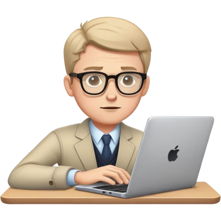 white male journalist typing on a laptop, wearing glasses, focused expression emoji