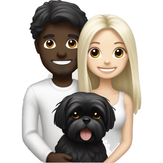 White blonde long-haired girl, white brunette boy carrying happy, black Shih Tzu emoji