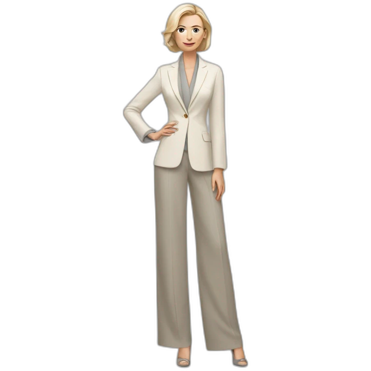 Full height Actively gesturing with hands pale skin woman with ash blonde Straightened bob Hair, White Spacious classical jacket, beige palazzo Arrow pants and gray blouse emoji