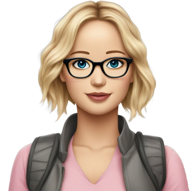 Jennifer Lawrence,  blu eyes wearing glasses and pink kiss emoji