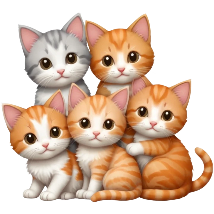 6 tiny kittens cuddling together all different colours, the first one is grey and white, the second is ginger and white and the third is brown tabby and white emoji