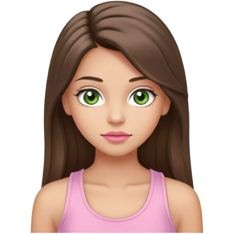 Create a teen girl wearing a light pink tank top. She will have long brunette hair, tan skin, pink lips, and grey-green eyes. She has long eyelashes. emoji