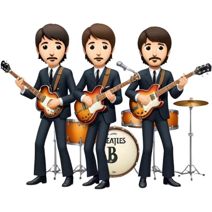 Rock music icon: The Beatles performing live on stage. John Lennon with guitar, Paul McCartney with bass, George Harrison with guitar, Ringo Starr on drums. Bright lights, energetic performance. Transparent background. emoji