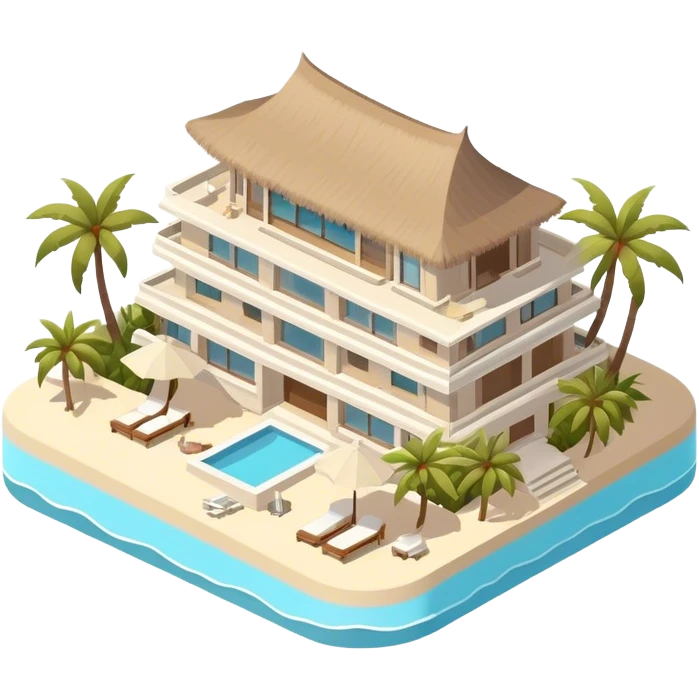 White and beige luxury beachfront resort hotel in bora bora, isometric exterior emoji