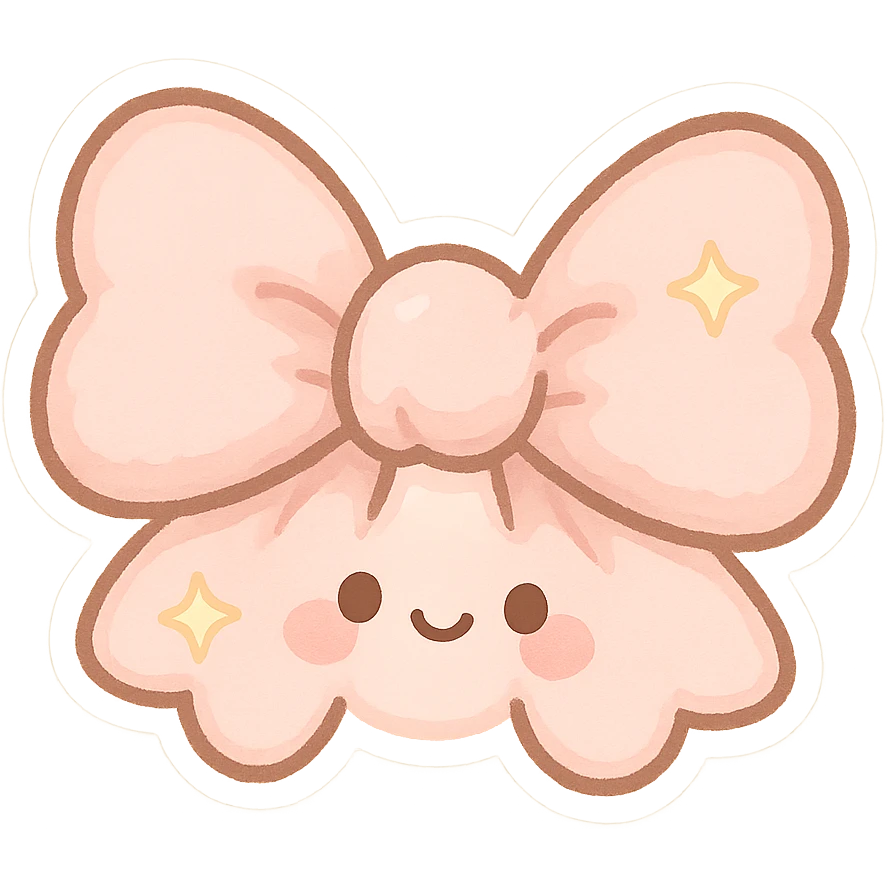 chibi style bow, pastel pink, soft fabric, cute and fluffy, kawaii style, star motif emoji