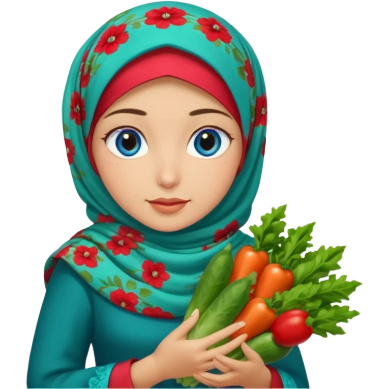 Turkish beautiful finish Konya girl blue eyes with floral hijab and green red dress and she had on her hand vegetables  emoji