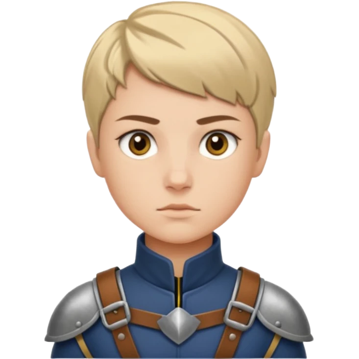 A young legionnaire with short hair, leather straps, and determined focused eyes.
 emoji