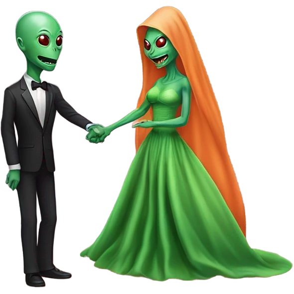 alien reptilian green skin woman, long slim pastel orange formal party satin dress with gradient shiny sparkling dark red, and caucasian man in black dres on his knees asks her to marry her emoji