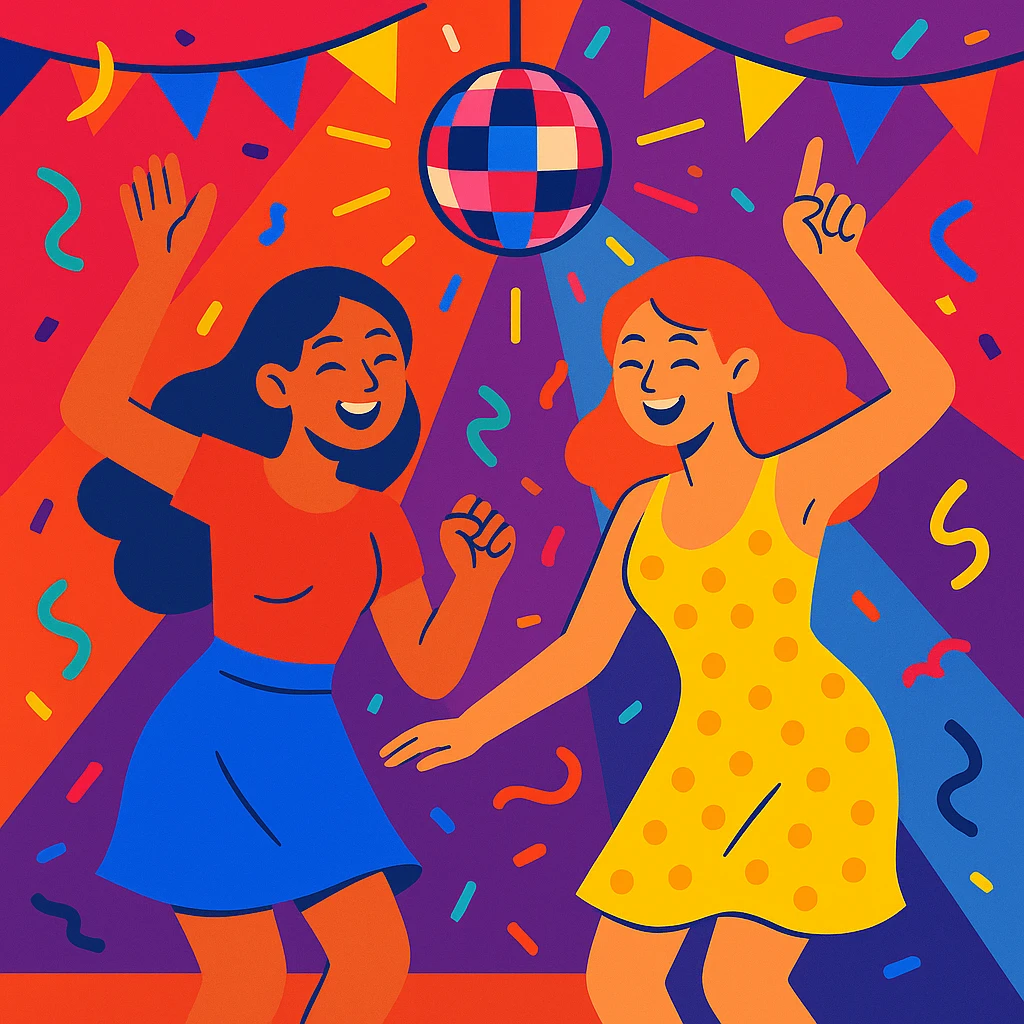 two girls dancing at a party, vibrant and joyful atmosphere, colorful, festive, celebration scene emoji