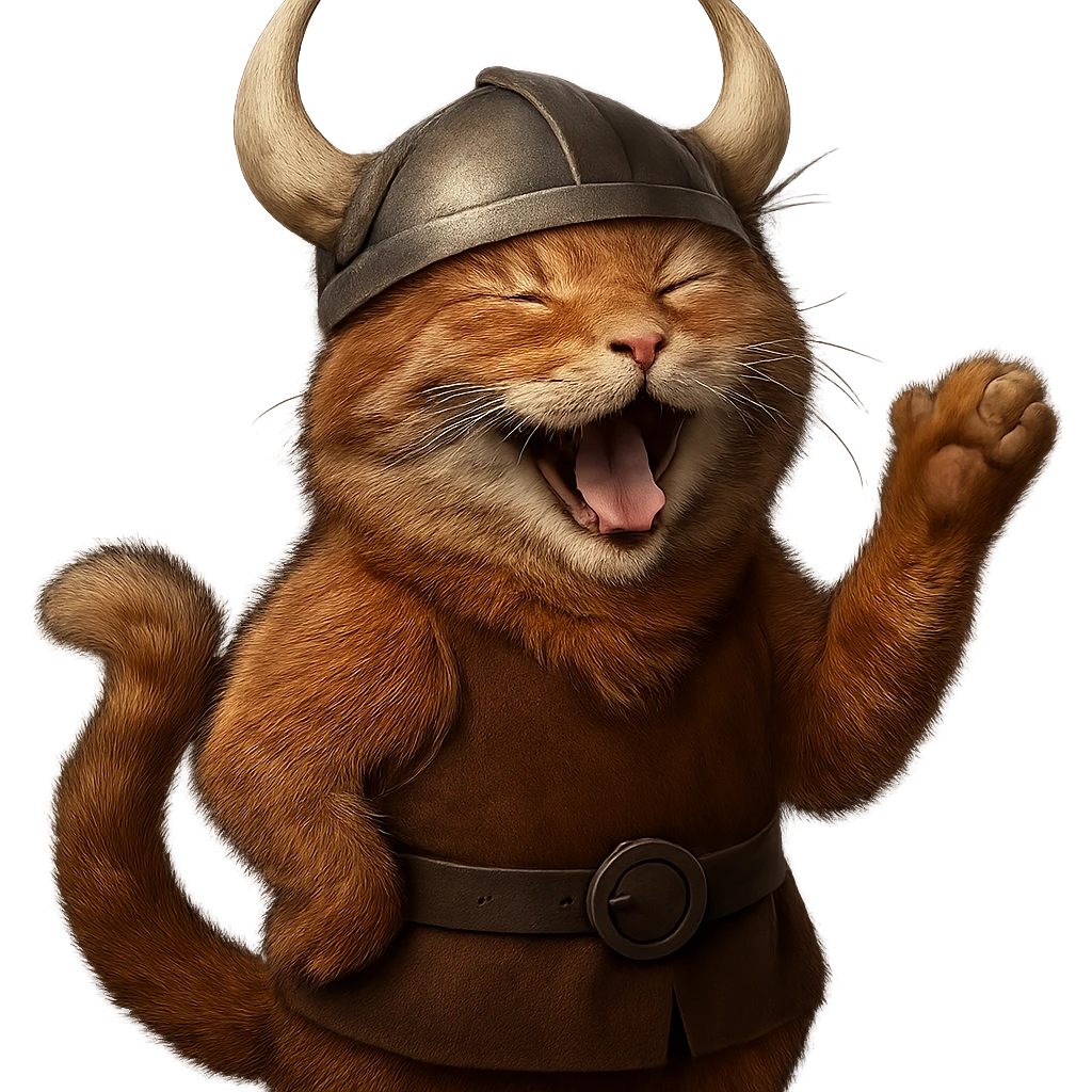 Make this laughing red viking cat more realistic with detailed fur and natural cat features. The cat should have a realistic horned helmet, remain red, and be laughing. Remove the background. emoji