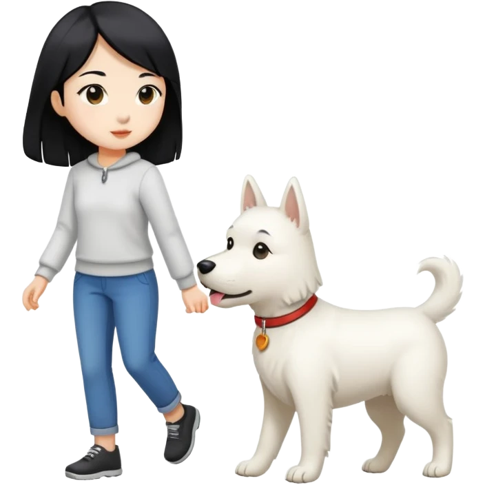 white dog walking with owner (Asian girl with straight black hair) emoji