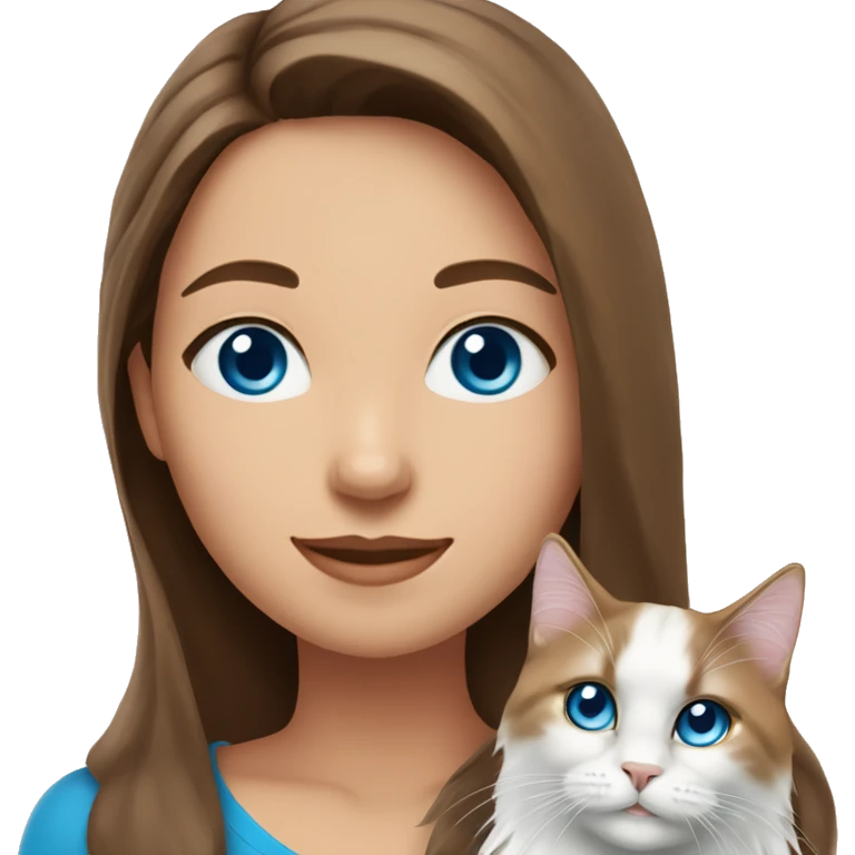woman with long brown hair and pink shirt and holding a all white Siberian cat with blue eyes emoji