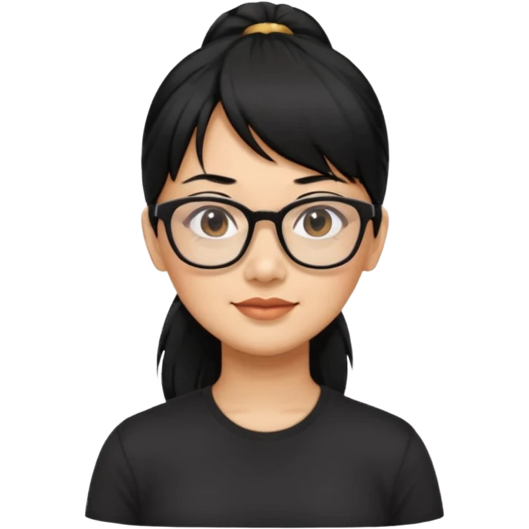 filipino woman black hair in one pony tail with straight bangs and big glasses, 50 yr old emoji