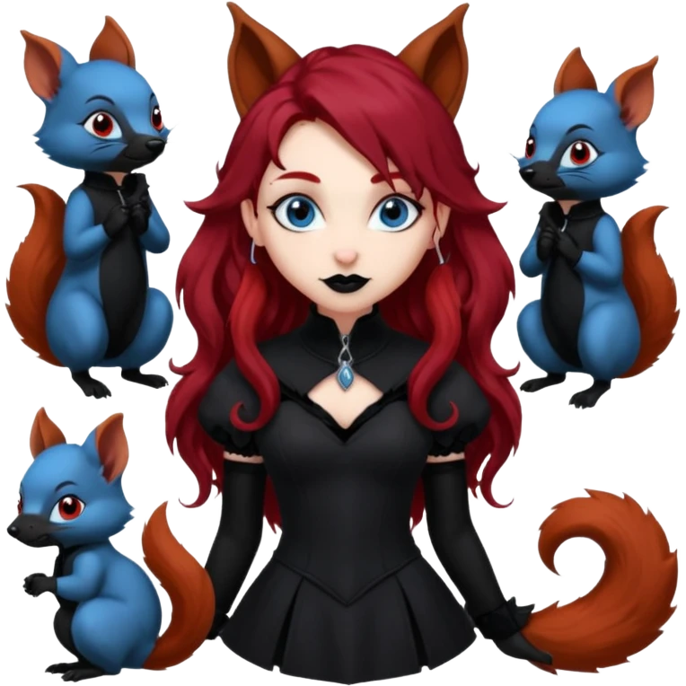  long curly red hair (darker), red pointed ears with black trim, black goth outfits, body and face human, blue eyes, more pointy chin, black lipstick, one big fluffy red squirrel tail with black tips, like the attached photo with more outfits and poses,  emoji