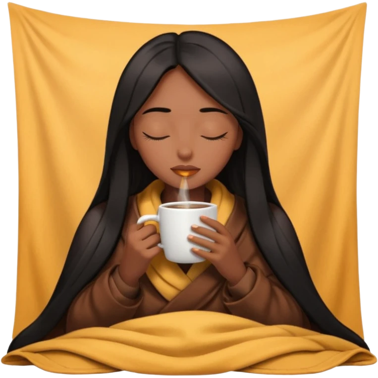 Chocolate brown girl with long straight jet black hair inside a blanket sipping coffee eyes closed emoji