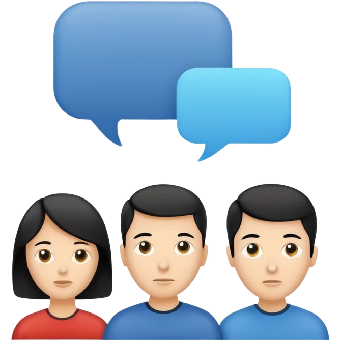 Minimalistic flat vector icon, iOS style, thin black contour on white background. Human head with speech bubble and small group of people silhouettes listening. Clean, no text, no shadows emoji