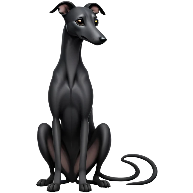 cinematic-[black greyhound]-realistic-full-body-sitting-emoji,-tail-resting-loosely-beside-its-paws,-head-tilted-dramatically, -sleek-[black]-fur,-simplified-yet-realistic-focused-features,-highly-detailed,-glowing-with-an-almost-sarcastic-glow emoji