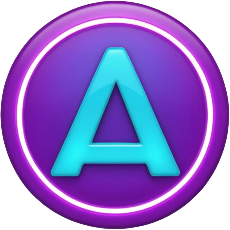 futuristic minimalistic emoji icon, letters "A" formed by three glowing digital lines representing Storm, Atom and NoizeGames, neon purple (#8B5CF6) and cyan (#00E0FF) on dark background, modern tech style, 1:1 aspect ratio emoji