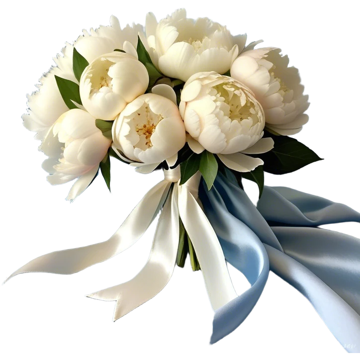 A lush bouquet of full-bloom white and pale blue peonies rests gently atop a flowing powder blue silk cloth. The petals, kissed with a subtle pearl sheen, seem to glow under the soft morning light. A delicate ivory ribbon, loosely tied in an effortless bow, drapes over the bouquet, its edges curling with natural grace. The silk background shimmers with movement, enhancing the dreamy elegance of the composition.
 emoji