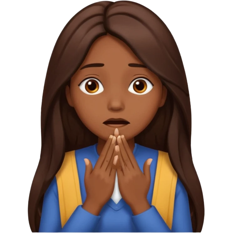 Create an emoji of an attractive chocolate brown woman with long middle part layered hair, turning her head to the side with her hands covering her mouth as if she’s hiding in embarrassment  emoji