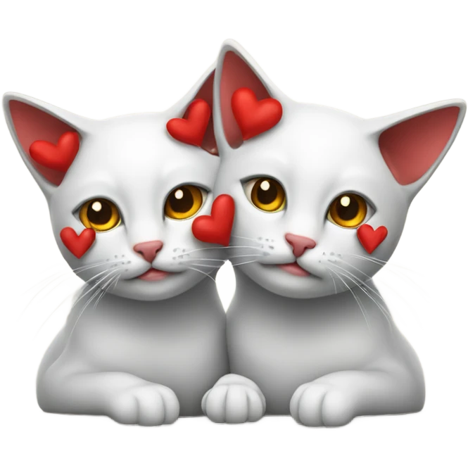 two cats with there heads on each other and red hearts on top emoji