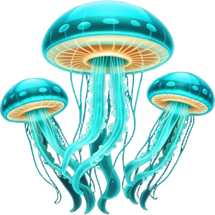 extraterrestrial futuristic otherworldly cyan bioluminescent neon-glowing aesthetic scenery jellyfish flying saucers UFOs mushroom emoji