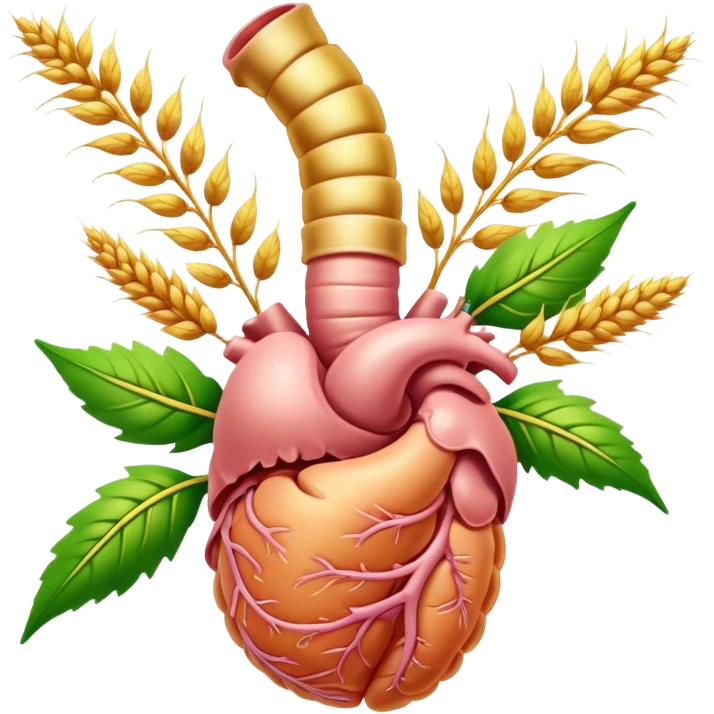 Human digestive system with esophagus, stomach, intestines, and colon, surrounded by golden wheat ears and green leaves, with glowing healing particles flowing through the digestive tract emoji