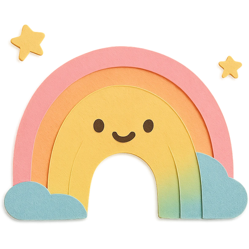 cute gentle rainbow arc, tiny star companions, soft pastel palette, no arms or legs, full body, paper craft style emoji