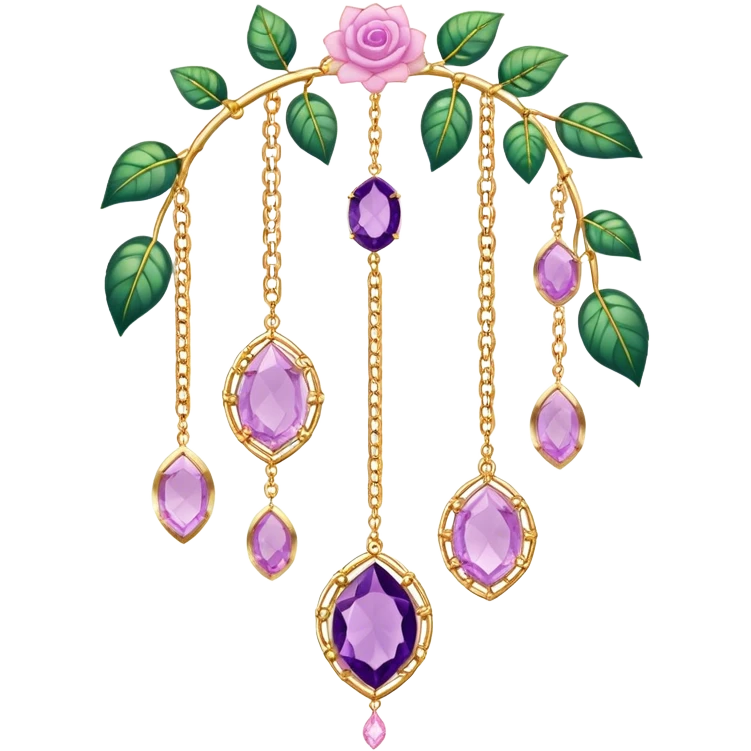 Hanging suncatcher, gold chains with shiny sparkly amethyst and rose-quartz gemstones, flowers, beautiful leaves, gorgeous aesthetics emoji