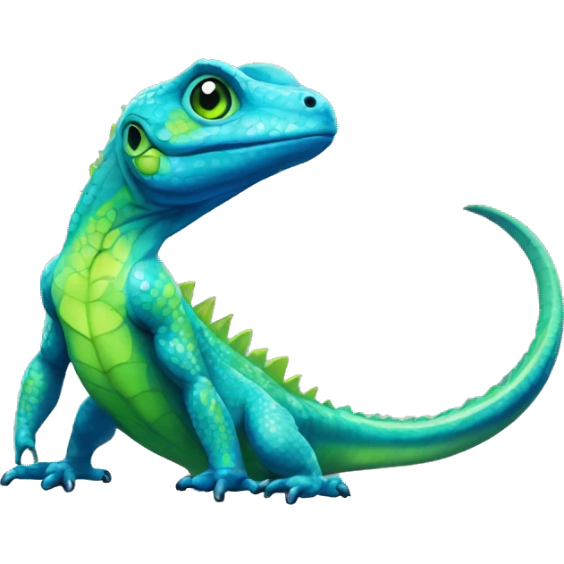 A Cyan Shiny Glossy Lizard-Reptile-Raptor-Fakémon with dark-blue patterns and light-green belly Full Body emoji