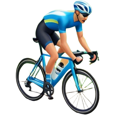 An icon featuring a sleek road bicycle with aerodynamic wheels on a winding mountain road. The background showcases a stunning landscape with rolling green hills, a bright blue sky, and distant peaks. Sunlight casts dynamic shadows, emphasizing motion and speed. Transparent background. emoji
