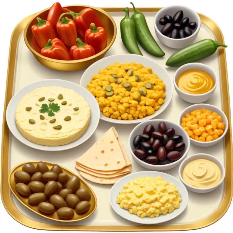 A beautifully arranged Middle Eastern breakfast spread, served in elegant golden plates., cucumbers, and bell peppers, along with olives, dates, and cheeses. There are also classic breakfast staples like scrambled eggs, cold cuts, honey, jam, and creamy cheeses.  emoji