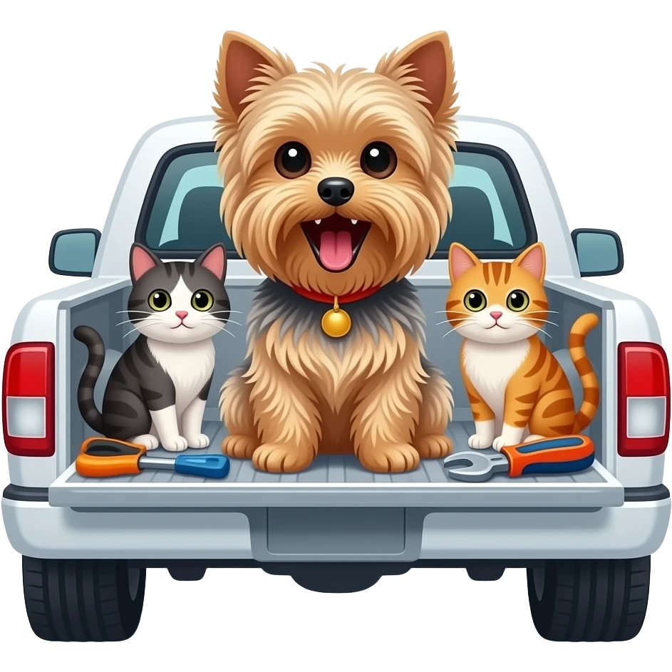 Yorkie dog mouth open sitting in a white truck surrounded by tools and cats emoji