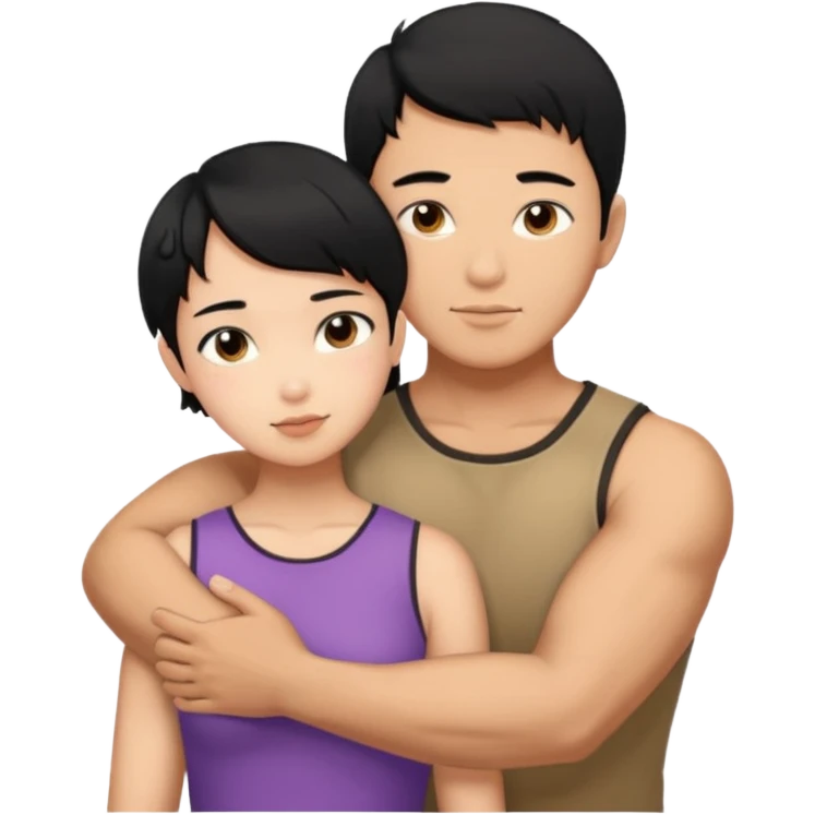 buff Asian Man black hair hugging girl with black pixie cut  emoji