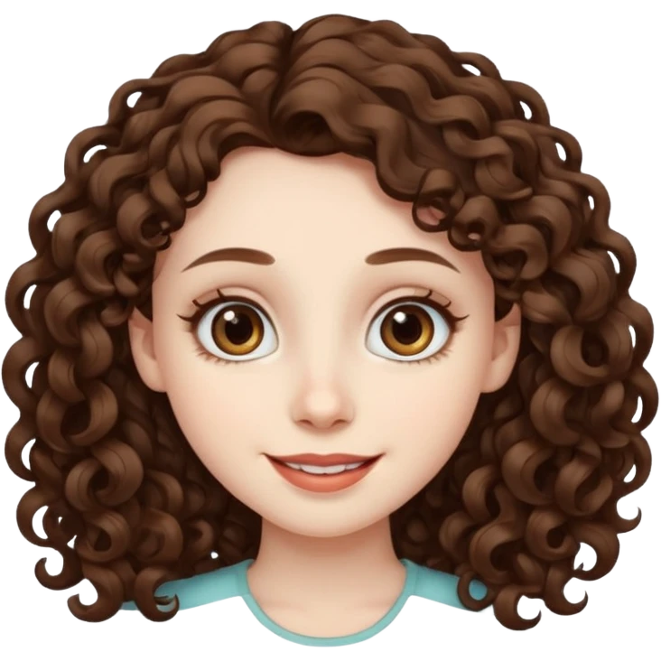 Light brown eyed female with pale skin. She has big eyes, curly and long dark brown hair and thin lips smiling. emoji