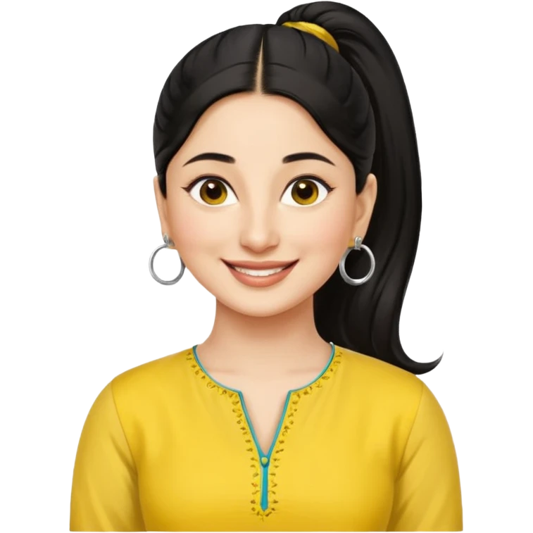 generate a pretty bratz emoji that looks like Kareena Kapoor's Geet character. 
Make her wear a yellow kurti, silver hoops, black hair in a ponytail. smiling big

She should look like Kareena Kapoor emoji