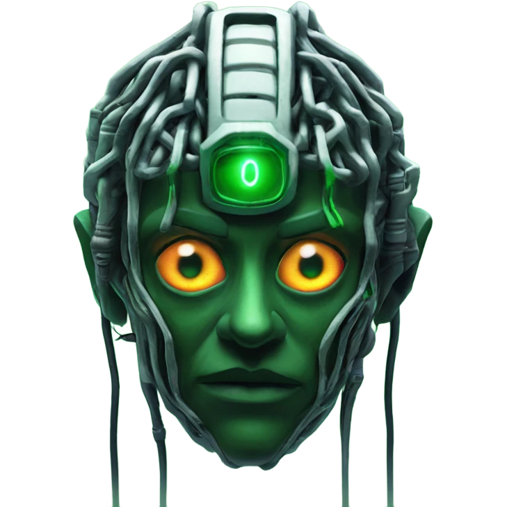 shodan from system shock game with green wires and evil eyes emoji