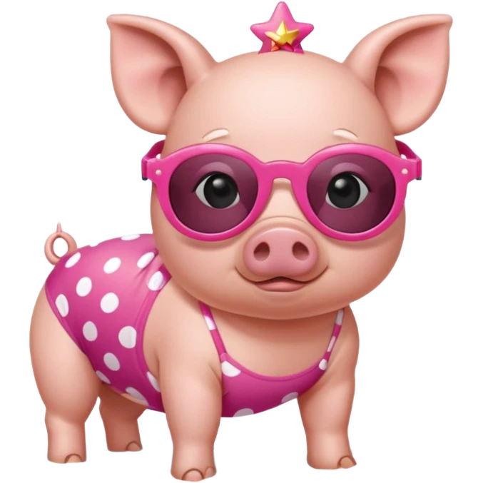 cute pig wearing  star-shaped sunglasses and polka dot bathing suit on all fours  emoji