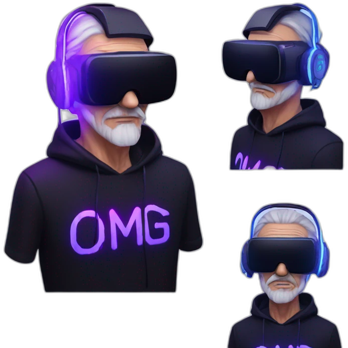 Russian old man wearing a black hoodie with "OMG" letters on it and VR headset in a cyberpunk VR environment with violet neon lighting. emoji